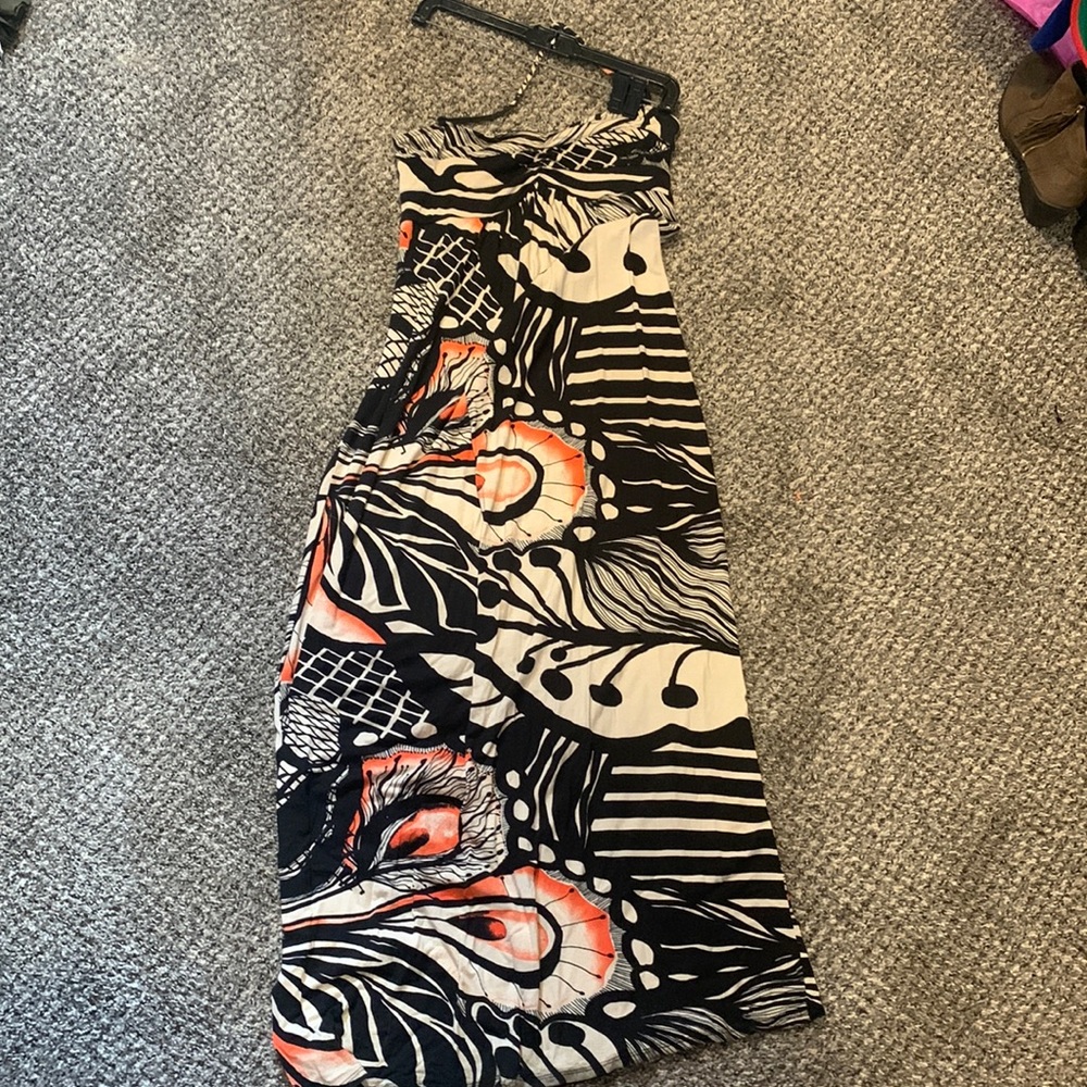Orange, tan and black pattern halter top maxi. SIZE M.